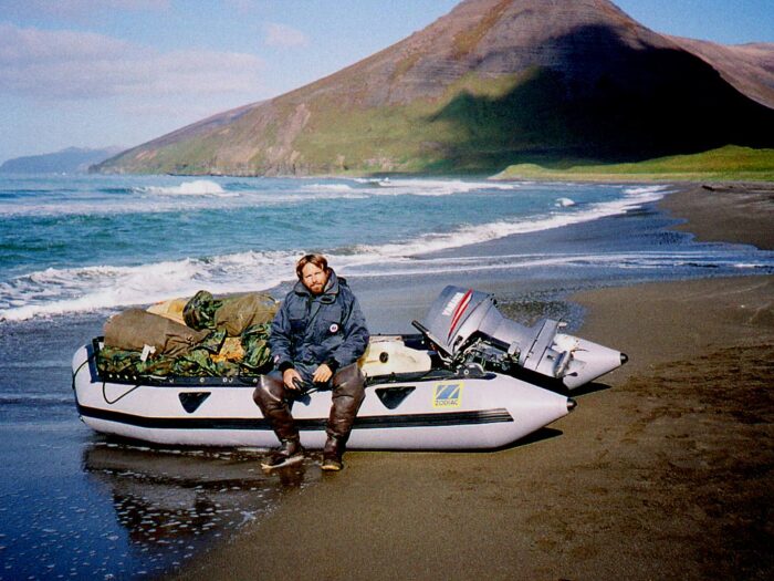 Kim on Bering Island-1997 with Zodiac while making Living Eden film