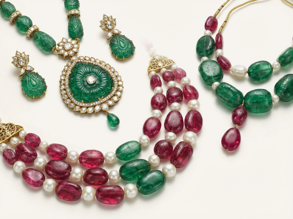 Close up of a colorful diamond necklace with gold, red, and green.