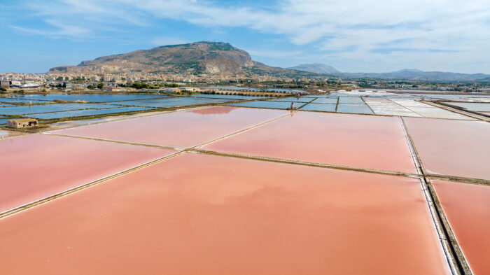 Separated by grids, salt being harvested turns pink in the sunlight. The town of Marsala stands in the background, with mountains and a blue sky.