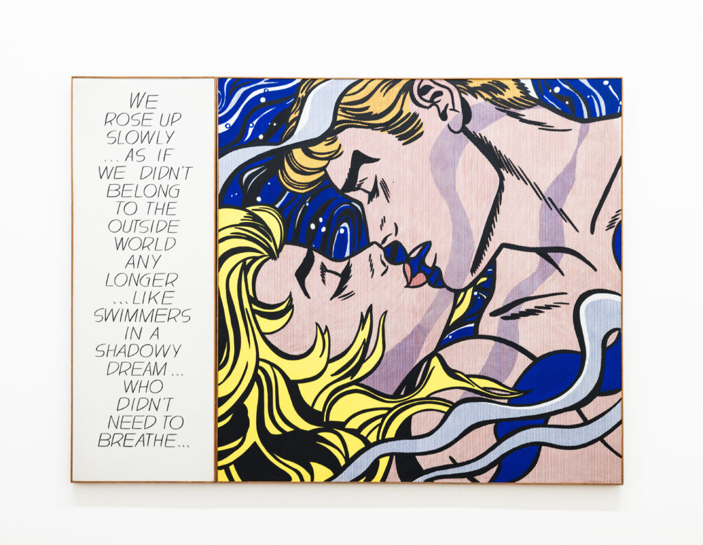Roy Lichtenstein pop art painting of a couple kissing with a text panel reading “We rose up slowly as if we didn’t belong to the outside world any longer.”