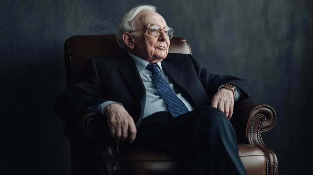 Warren Buffett seated in a brown leather armchair wearing a dark suit and blue tie, looking thoughtfully to the side.