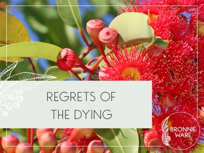 A colorful image with Bronnie Ware's logo to highlight her book "Regrets of the Dying"