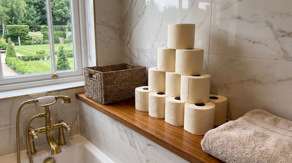 Stacked rolls of toilet paper arranged in a pyramid on a wooden bath ledge beside a marble bathtub with a brass faucet, a folded towel, and a woven basket, with a window overlooking a manicured garden.