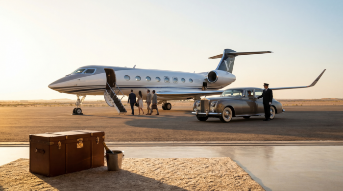 Private jet on a desert runway with passengers boarding and a chauffeur waiting beside a luxury car.