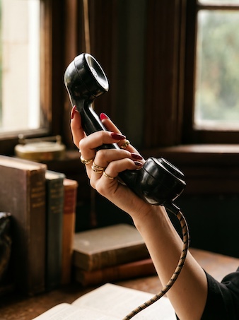 Woman holding a vintage telephone receiver