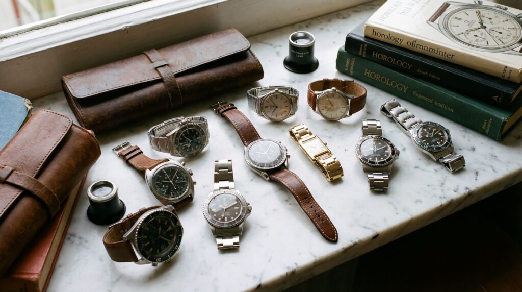 Collection of vintage wristwatches arranged on a marble windowsill beside leather watch rolls, a loupe, and stacked horology books. The assortment includes stainless steel and gold watches with both leather straps and metal bracelets, featuring chronographs, dive watches, and classic dress styles, suggesting a curated watch collector’s workspace.