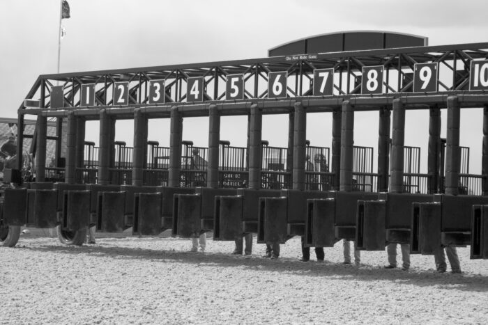 Race track starting gates in black and white...getting ready for the horses to enter