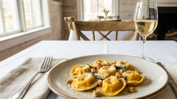 AI-generated image of a plate of cappellacci pasta topped with grated cheese and crisp sage, served on a neutral-toned dish with a glass of white wine on a sunlit table, set against a warm, wood-accented dining room backdrop.