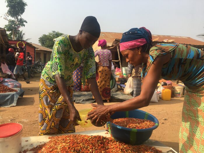 Two women at an open-air market carefully scoop and pour dried red peppers into a plastic bag from a large pile on a table, surrounded by bowls and goods; other vendors and shoppers move through the background among simple stalls under a bright sky.