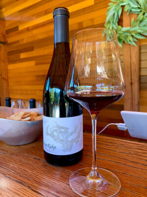 Bottle of red wine and a filled glass on a wooden tasting bar with crackers and greenery in the background.