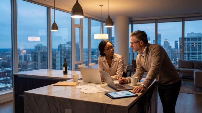 AI-generated image of a couple discussing finances at a marble kitchen island in a modern high-rise apartment at dusk, with city skyline views through large windows, laptops and documents spread out, and warm pendant lighting creating an intimate, collaborative atmosphere.