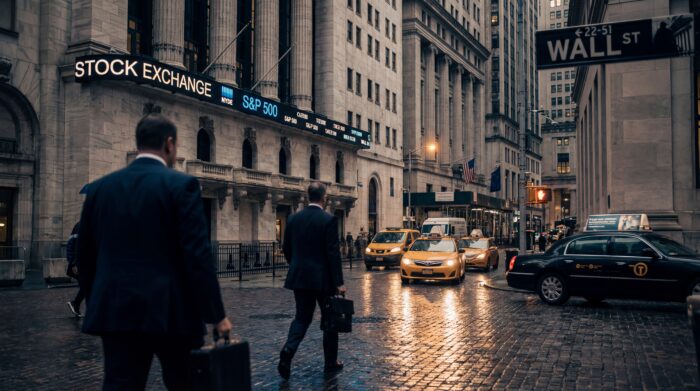 AI-generated image of Wall Street in New York City on a rainy evening, with suited professionals walking past the New York Stock Exchange, yellow taxis moving through wet cobblestone streets, and glowing financial ticker displays illuminating the scene.