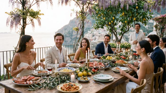 AI generated image showing a layered, partially obscured composition blending a printed document with a lively outdoor dining scene, where well-dressed guests gather around a table with candles and wine overlooking the water.