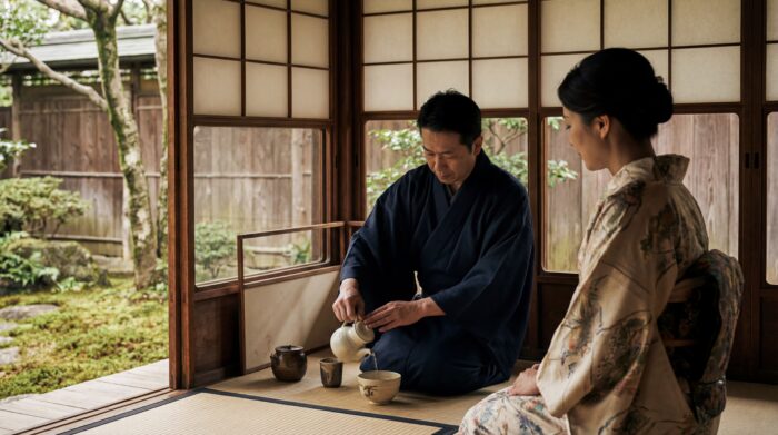 An abstract, AI-generated composition inspired by a Japanese tea ceremony, with fragmented overlays of a traditional interior, ceramic vessels, and soft natural light blending into a layered, distorted visual collage.