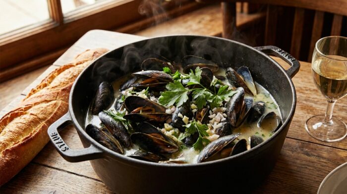 AI-generated image of a rustic cast-iron pot filled with steaming mussels in a creamy broth, garnished with fresh herbs and grains, set on a wooden table alongside a sliced baguette and a glass of white wine, evoking a warm, intimate dining atmosphere.