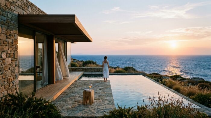 AI-generated image of a modern luxury hillside home overlooking the ocean at sunset, featuring a stone-and-glass structure, an infinity pool, and a woman in a white dress standing at the water’s edge, with soft golden light reflecting across the sea and natural coastal landscaping surrounding the scene.