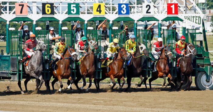 Thoroughbred horses and jockeys burst out of the starting gate at a racetrack, kicking up dirt as they launch into the race under numbered stalls.