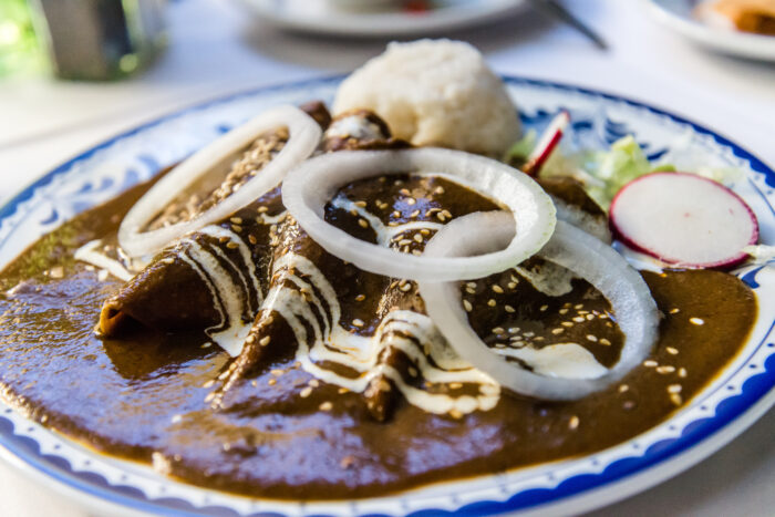 Plate of traditional Mexican enchiladas covered in rich dark mole sauce and topped with sliced white onions and sesame seeds, served with rice and fresh radishes on a decorative ceramic plate.