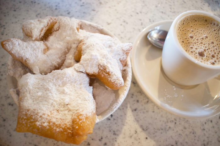 World Famous Cafe' Du Monde's Beignet's and Cup of Coffee in New Orlean's, Louisiana.