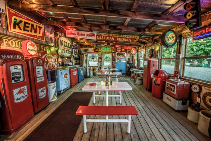 nterior of Bob's Gasoline Alley on historic Route 66 in Cuba. It is is a collection of over 300 service station signs and other vintage advertisements