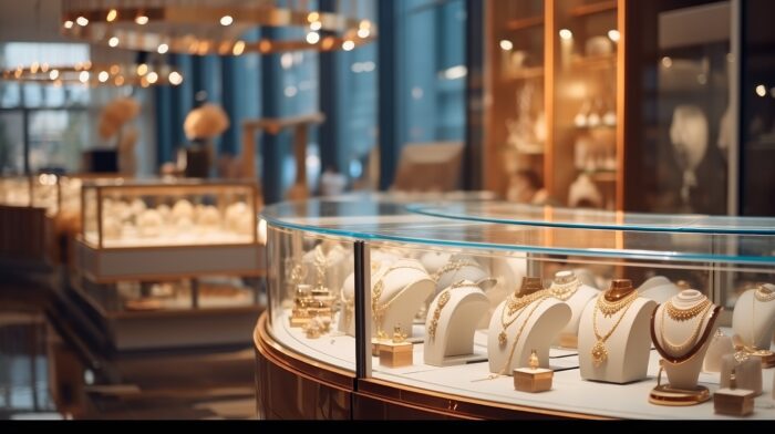 Elegant luxury jewelry boutique interior featuring curved glass display cases filled with gold necklaces, pendants, and fine jewelry. Warm ambient lighting reflects off polished surfaces, while softly blurred showcases and wood-paneled shelving create an upscale, sophisticated retail atmosphere. Floor-to-ceiling windows and contemporary design elements contribute to the refined, high-end shopping experience.