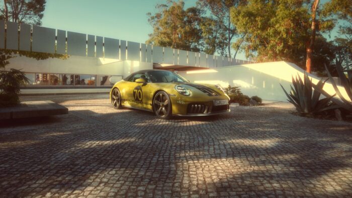 A lime-yellow Porsche 911 is parked in the courtyard of a minimalist modernist home surrounded by trees and desert landscaping. Warm sunlight casts long shadows across the cobblestone driveway, emphasizing the car’s vintage racing graphics and sculptural design.