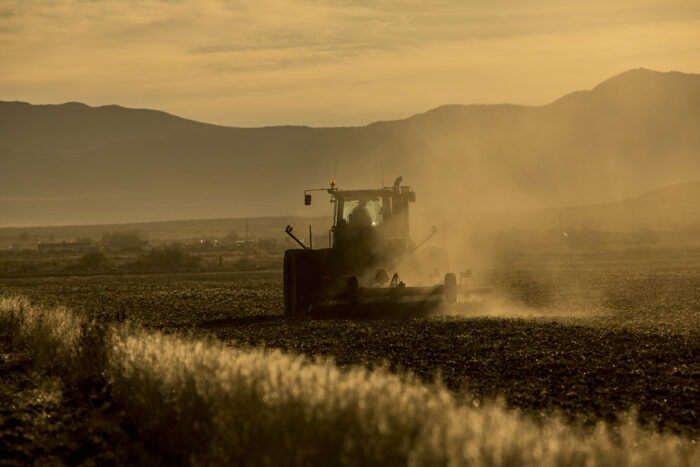 A tractor works across a farm field at sunrise, kicking up clouds of dust as it prepares the soil. Golden light filters through the haze, with rolling mountains silhouetted in the distance, creating a dramatic agricultural landscape.