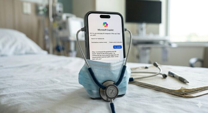 AI image of a smartphone displaying Microsoft Copilot placed upright on a hospital bed, partially wrapped in a surgical mask with a stethoscope draped around it, suggesting AI in healthcare.