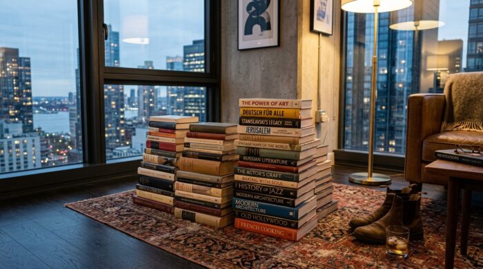Stacked books arranged on a patterned rug in a modern apartment, with a city skyline visible through large windows, a floor lamp glowing nearby, and boots and a glass of whiskey beside a chair.

