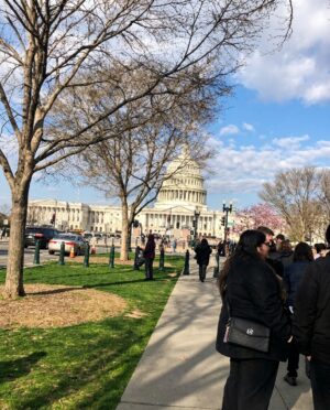 AI-assisted image sidewalk scene outside the United States Capitol on a bright spring day, with people walking along the path beneath bare and budding trees. The Capitol dome rises in the background under a partly cloudy blue sky, while a woman dressed in black stands in the foreground carrying a shoulder bag.