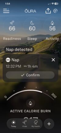 Screenshot of the Oura app dashboard showing low readiness, sleep, and activity scores alongside a “Nap detected” notification confirming a one-hour-and-four-minute nap. The wellness tracking interface humorously reinforces the article’s theme of obsessive self-monitoring through wearable tech.