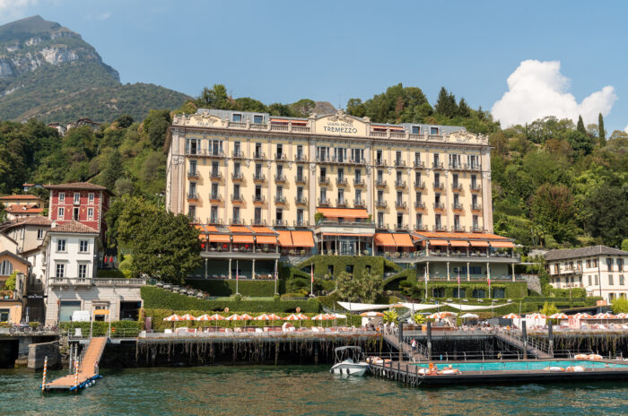 View of the Luxury Grand Hotel Tremezzo with swimming pool on the shore of lake Como.