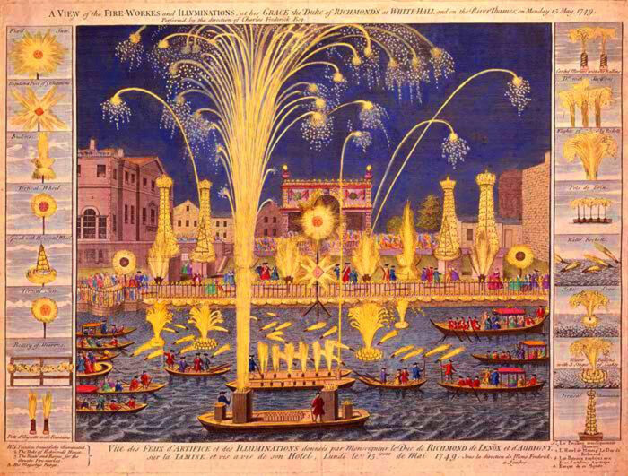 A VIEW of the FIRE-WORKES and ILLUMINATIONS at his GRACE the Duke of RICHMOND'S at WHITEHALL and on the River Thames on Monday 15 May 1749. Performed by the direction of Charles Fredrick Esq. Hand coloured etching showing the Royal Fire-workes and Illuminations in Whitehall and on the River Thames on Monday 15 May 1749. The occasion for which George Frideric Handel composed his Music for the Royal Fireworks. The firework display was for the benefit of King George II of Great Britain to celebrate the signing of the treaty at Aix la Chapelle in 1748 marking the end of the War of Austrian Succe