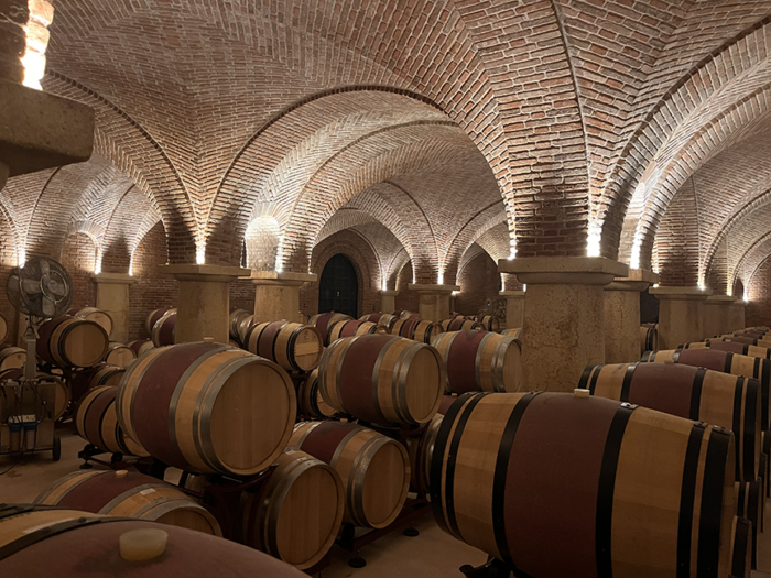 Rows of oak barrels fill an expansive underground wine cellar beneath a series of dramatic brick-vaulted arches. Warm lighting illuminates the aging room, creating a sense of history, scale, and dedication to long-term wine maturation.
