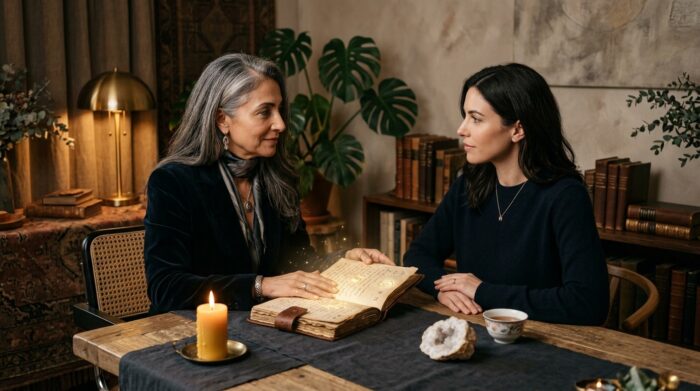 An AI-generated illustration shows two women seated across from each other at a wooden table in a warmly lit library, examining an aged illuminated manuscript together. A lit candle, teacup, crystal, and antique books create an intimate, scholarly atmosphere, while subtle glowing effects emanate from the open pages, lending the scene a mystical, imagined quality.