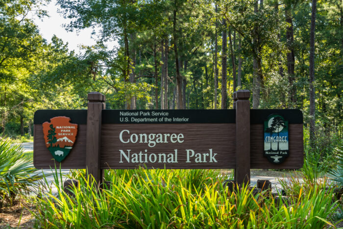 Entrance sign for Congaree National Park, operated by the U.S. National Park Service, surrounded by lush green plants and tall pine trees. The large wooden sign displays the park's name alongside National Park Service and Congaree National Park emblems, with a forested backdrop under bright daylight.