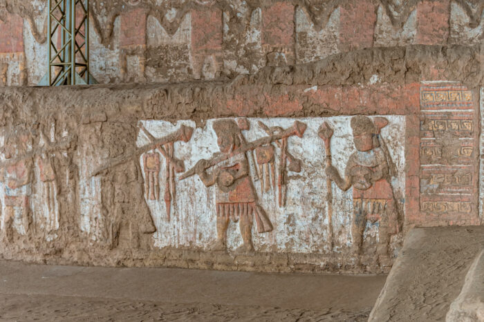 Ancient painted murals and reliefs preserved at the Teotihuacán archaeological site in Mexico.