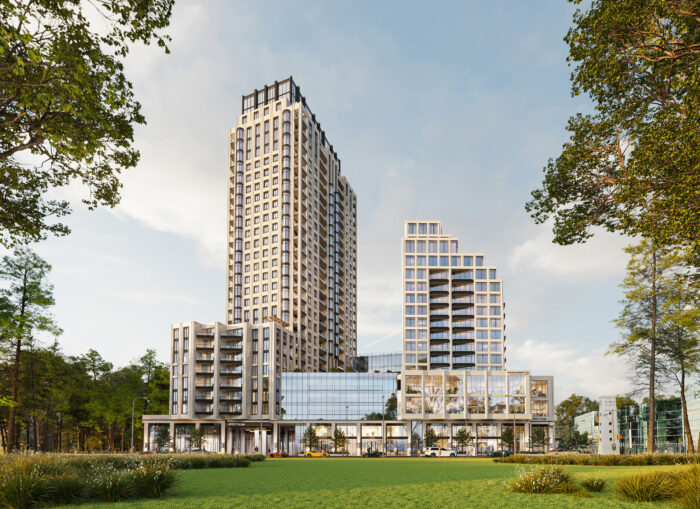 Rendering of a luxury mixed-use residential development with two high-rise towers, ground-level retail and landscaped green space.