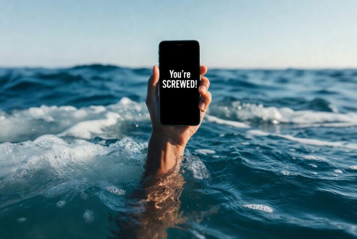 AI-generated image of a hand holding a smartphone above ocean waves, with the screen displaying the message “You’re Screwed!”