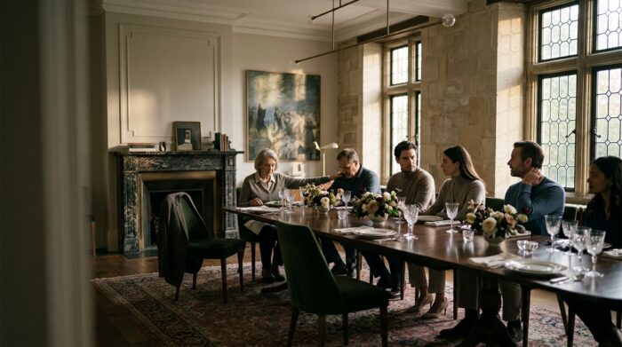 AI-generated image of a multigenerational family gathered around an elegant dining table, appearing somber and contemplative as they discuss family matters in a refined private residence.