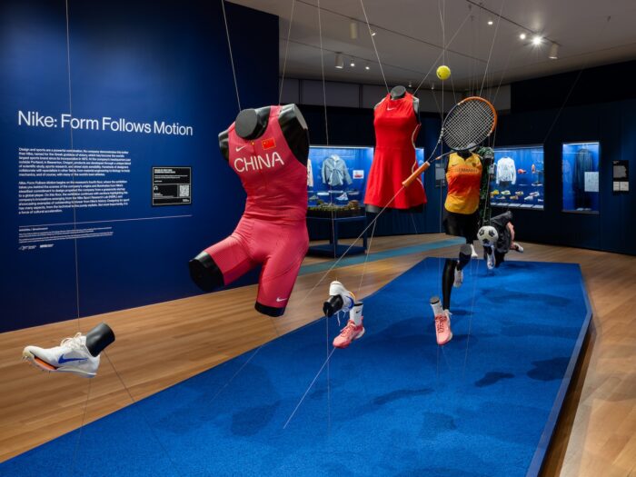 Nike: Form Follows Motion exhibition featuring suspended athletic apparel, footwear and sports equipment at the Museum of Arts and Design in New York.