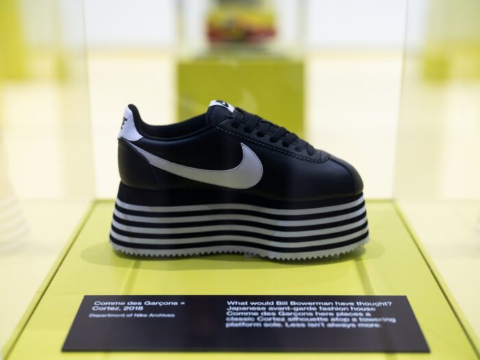 Comme des Garçons x Nike Cortez platform sneaker displayed at the Nike: Form Follows Motion exhibition.
