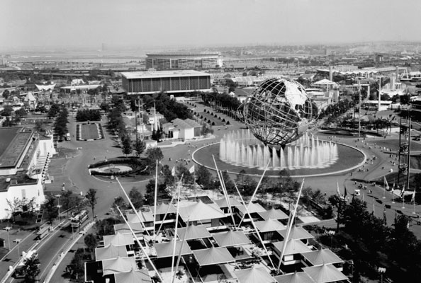Aerial view of the Unisphere and surrounding pavilions at the 1964 New York World’s Fair in Flushing Meadows, Queens.