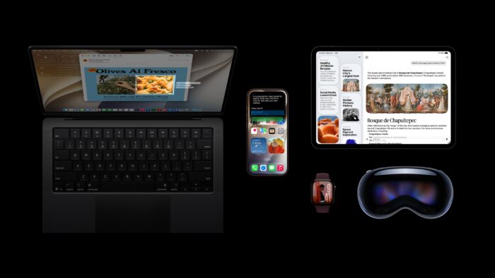 Apple devices displayed against a black background, including a MacBook, iPhone, iPad, Apple Watch and Apple Vision Pro, each showing its latest operating system interface.