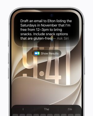 Close-up of an iPhone screen showing a Siri request to draft an email using personal context, including calendar availability and gluten-free snack options.