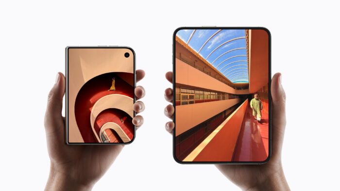 Two hands hold the iPhone Duo in folded and unfolded configurations, showing its compact outer display and larger interior screen with architectural photography.
