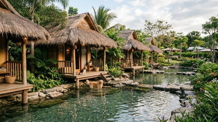 AI-generated image of dogs exploring tropical thatched-roof bungalows surrounded by lush gardens and sparkling wading pools.