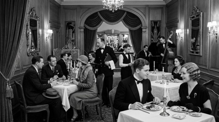 AI-generated image of an elegant 1930s-style restaurant, with formally dressed diners, attentive waitstaff and live musicians.