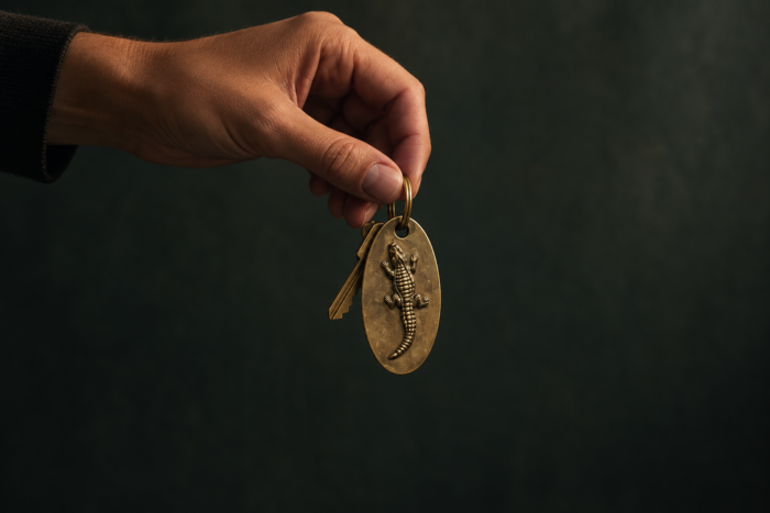 The Chloe hotel key with a brass alligator keychain handcrafted for the New Orleans hotel.